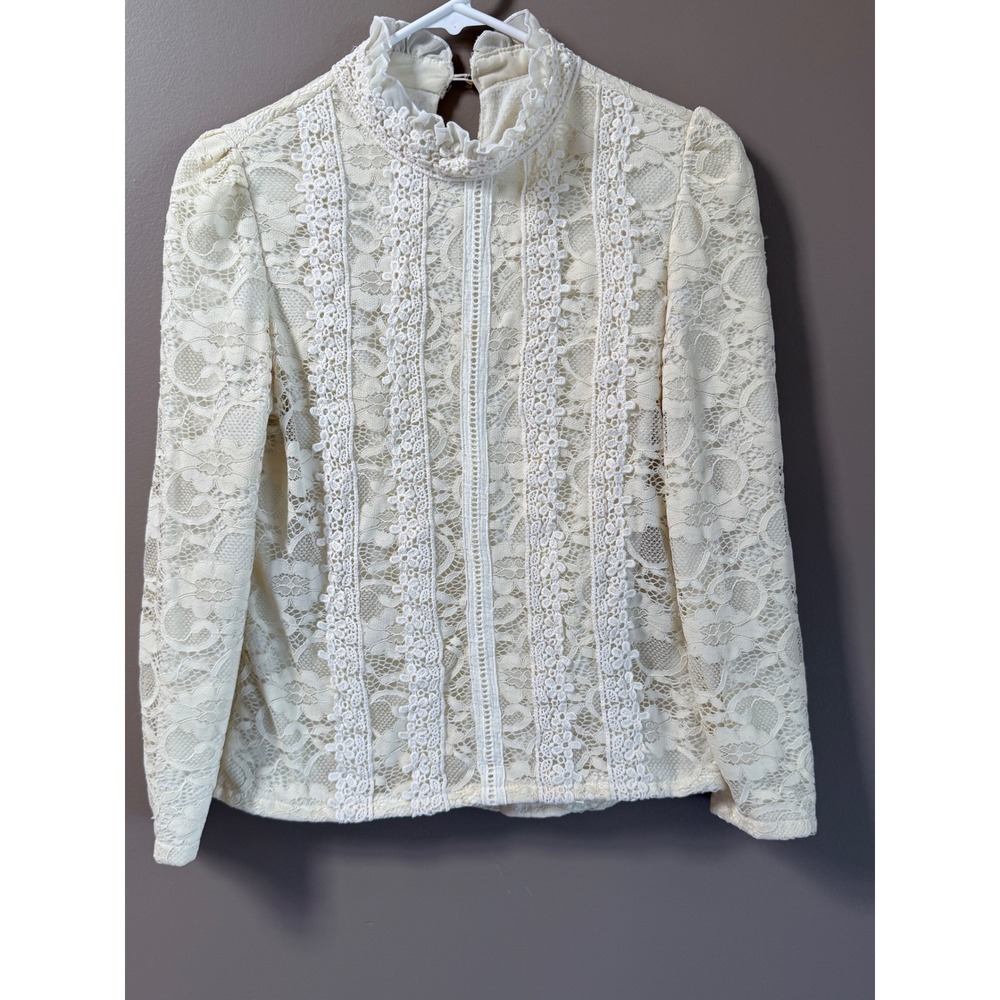 Japanese Fleece Lined Lace Blouse Cream Ruffle Neck Mori Kei Coquette S